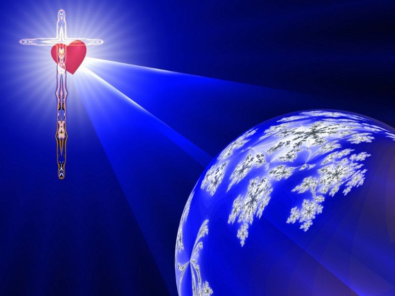 the heart of the cross shines the divine light on the blue planet earth